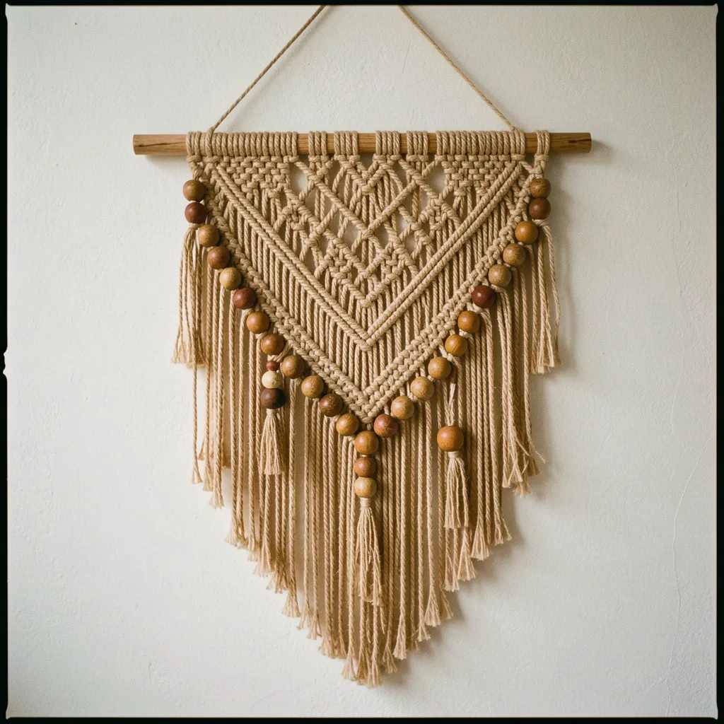 Intricate macramé wall hanging detail